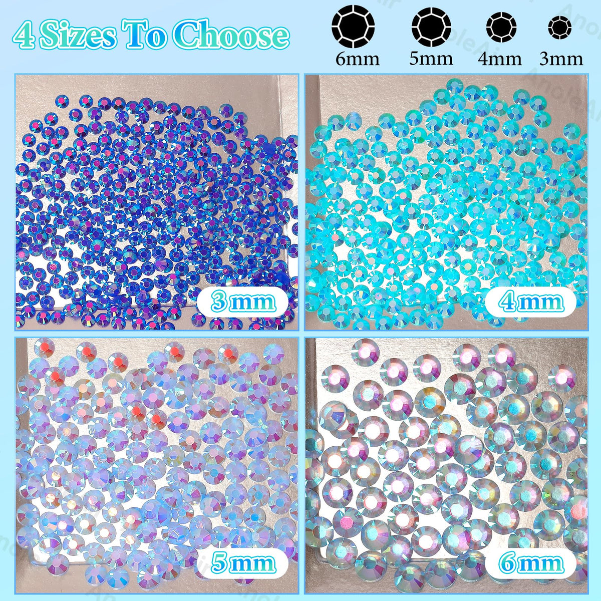 AnoleAir size comparison of 3mm 4mm 5mm 6mm gems for scale clarity