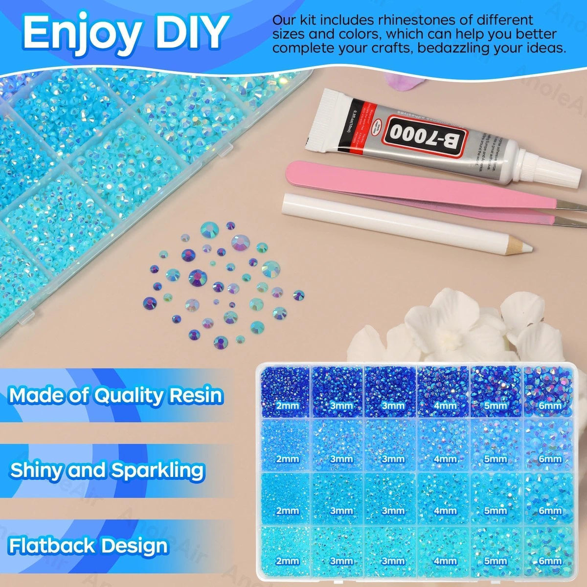 AnoleAir compartment box with sorted 2–6mm blue gems for organized, quick access