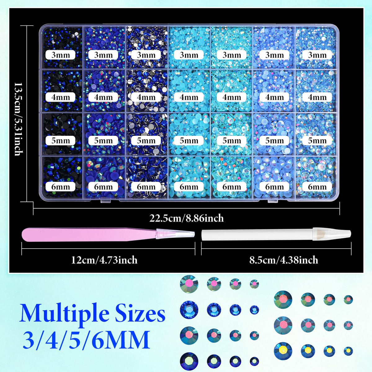 AnoleAir laid out sizes and seven blue tones demonstrating size variety and color options