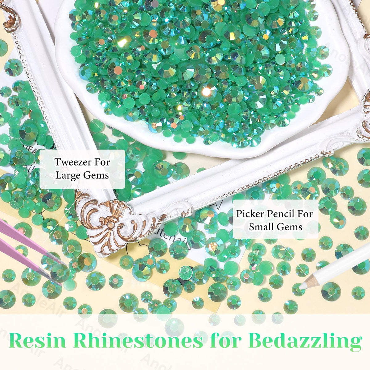 AnoleAir tweezer and pickup pencil beside gems showing precise placement benefit