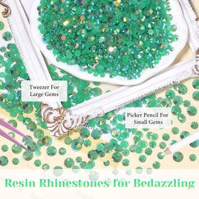AnoleAir tweezer and pickup pencil beside gems showing precise placement benefit