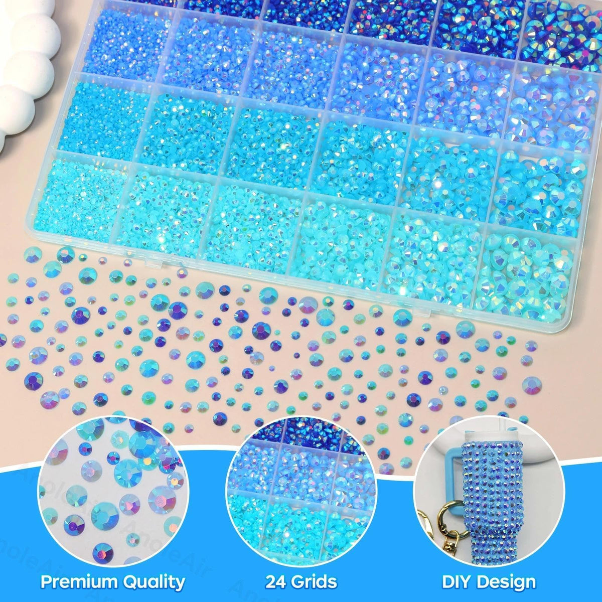 AnoleAir decorated tumbler with blue rhinestones demonstrating impact and visual pop