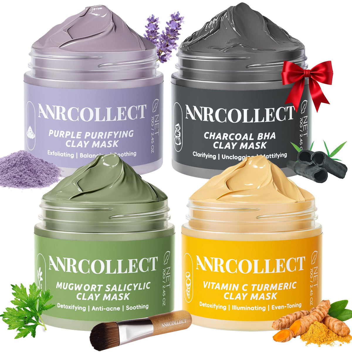 ANRCOLLECT front packaging showing four clay mask jars that clean pores