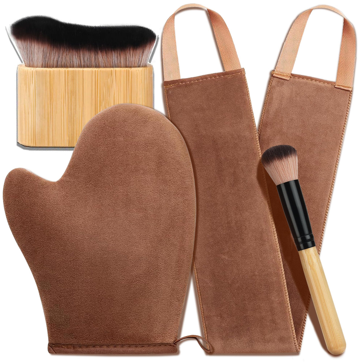 ANSPHIE front view of 4-in-1 tanning mitt set showing organized contents and benefits