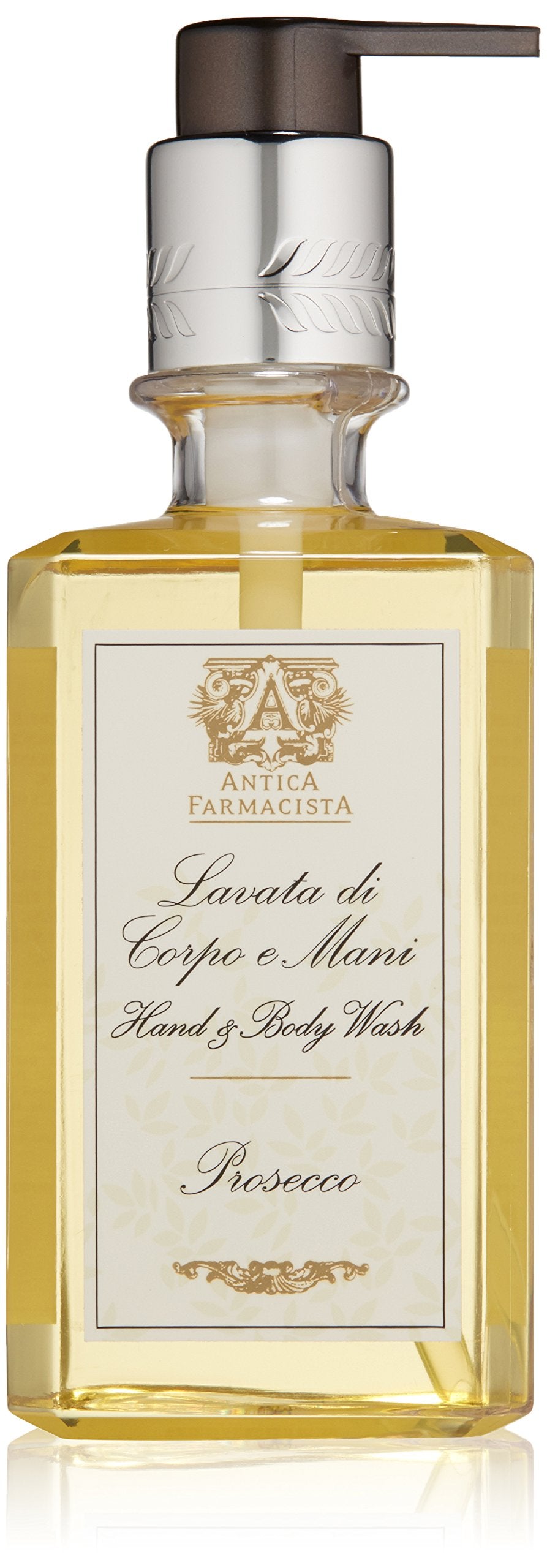 Antica Farmacista bottle front view showcasing Prosecco scent and luxe packaging benefit