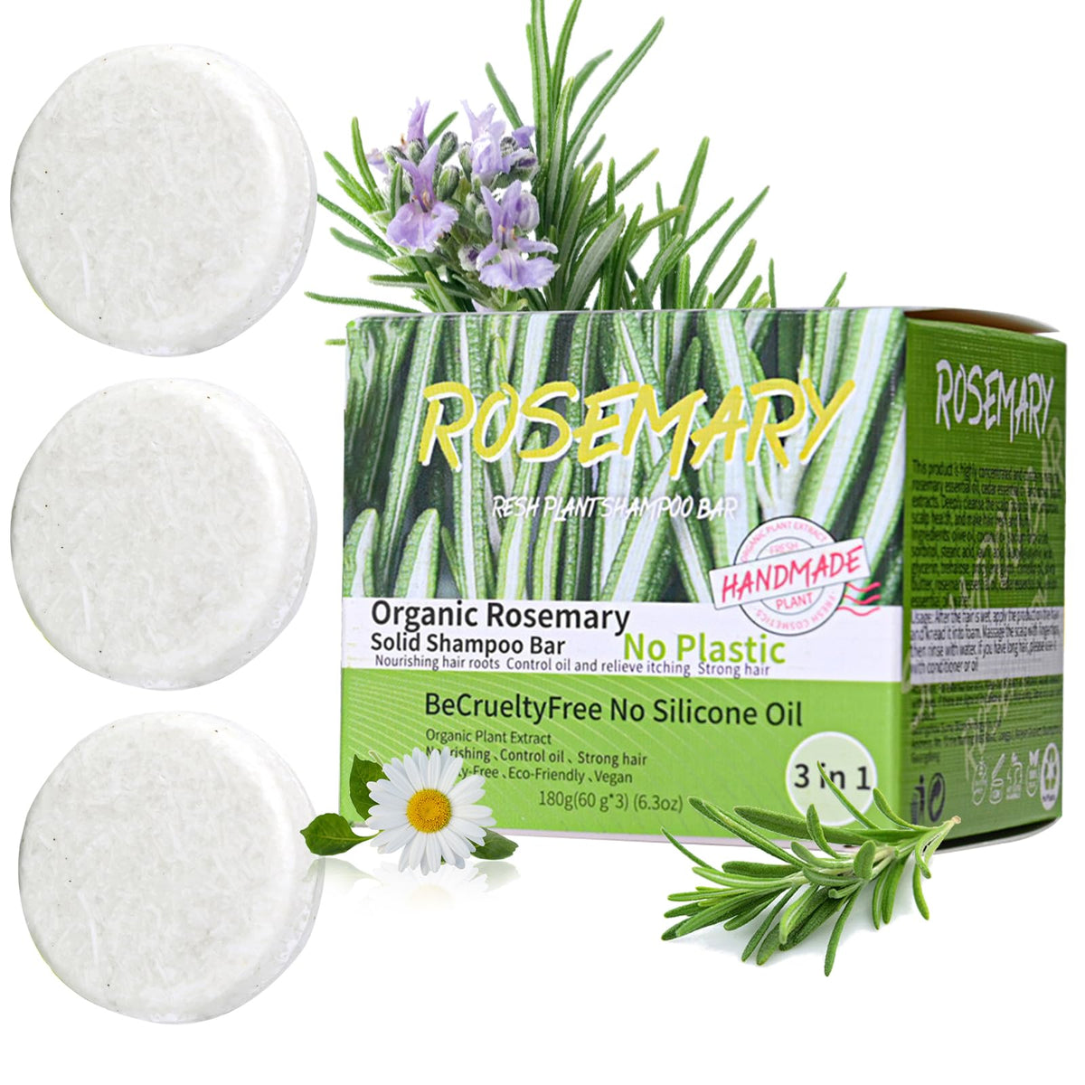 Anweina front packaging showing three rosemary shampoo bars and product identity benefit