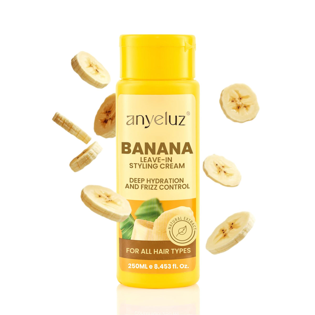 ANYELUZ front packaging showing the banana leave-in cream and product benefits