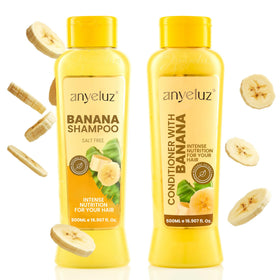 ANYELUZ front packaging of banana shampoo and conditioner showing DUO benefits