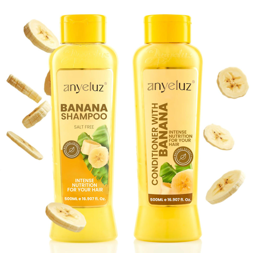 ANYELUZ front packaging of banana shampoo and conditioner showing DUO benefits