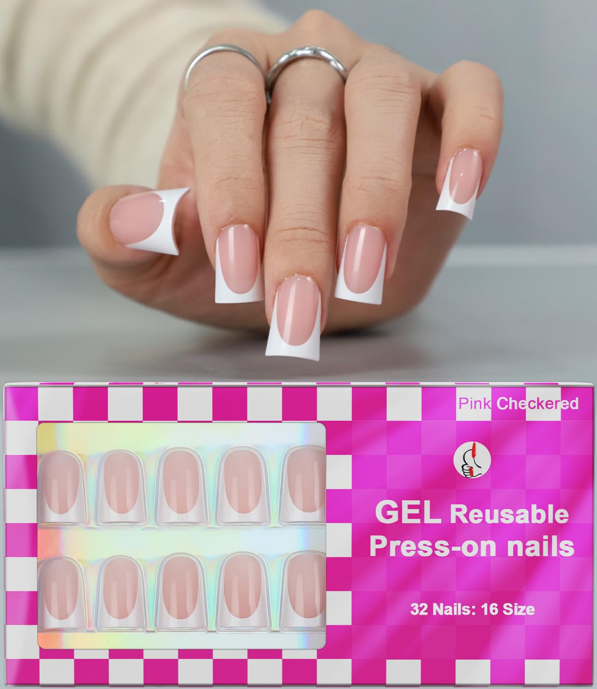Anyos front view of French tip nails showing glossy finish and salon look