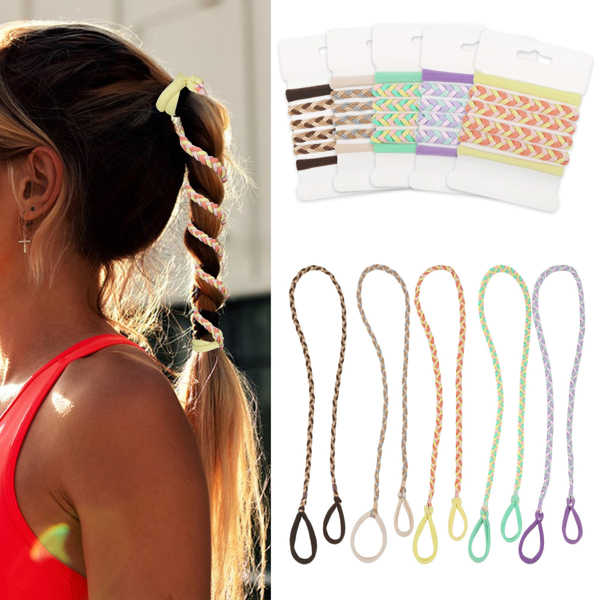 AOCOROE front product set showing five spiral hair ties, quick styling benefit