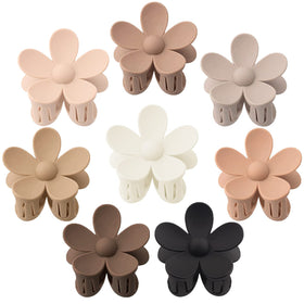 AOENJIE front view of eight flower claw clips in neutral colors showing compact packaging and convenient set