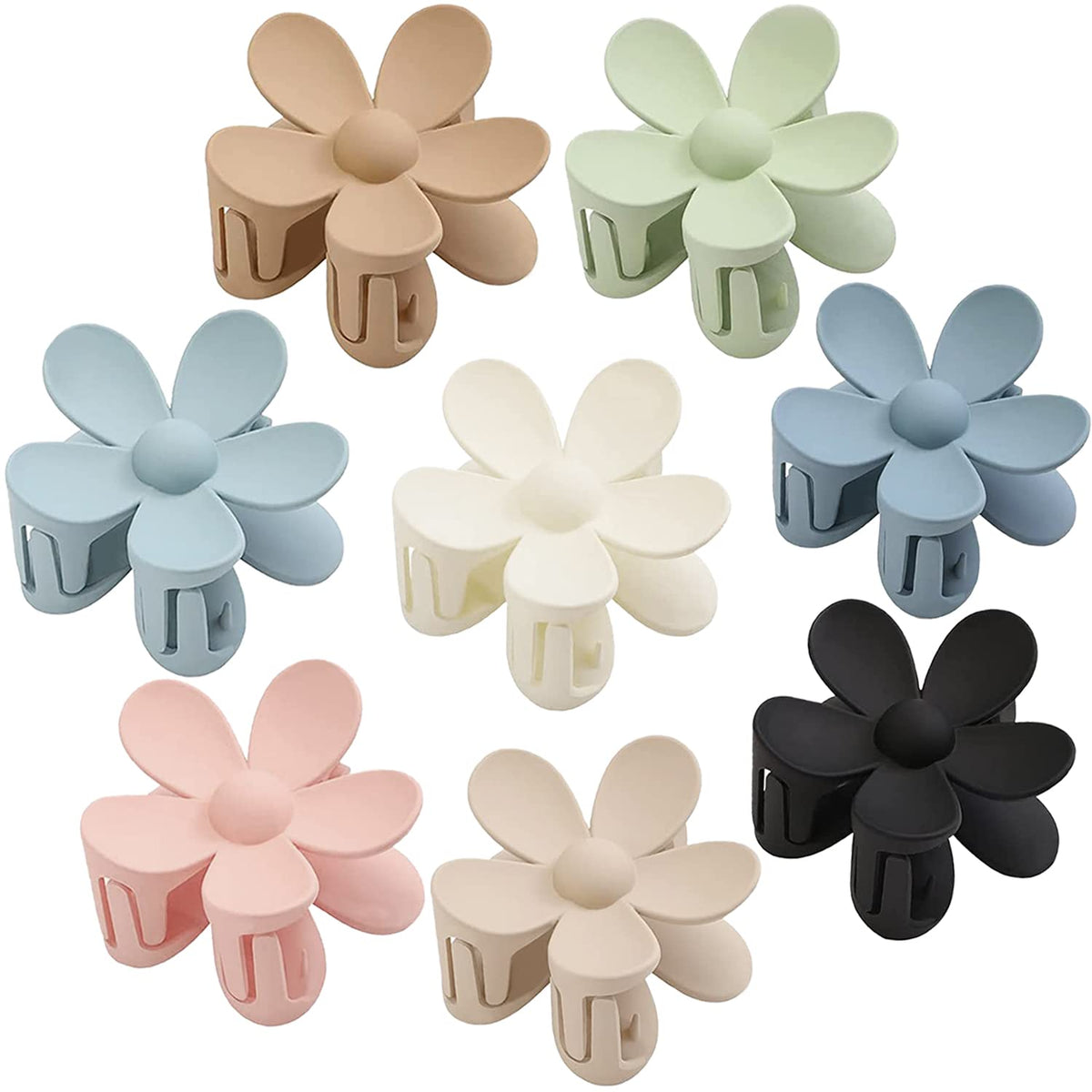 AOENJIE front view of eight colorful flower claw clips, easy outfit coordination