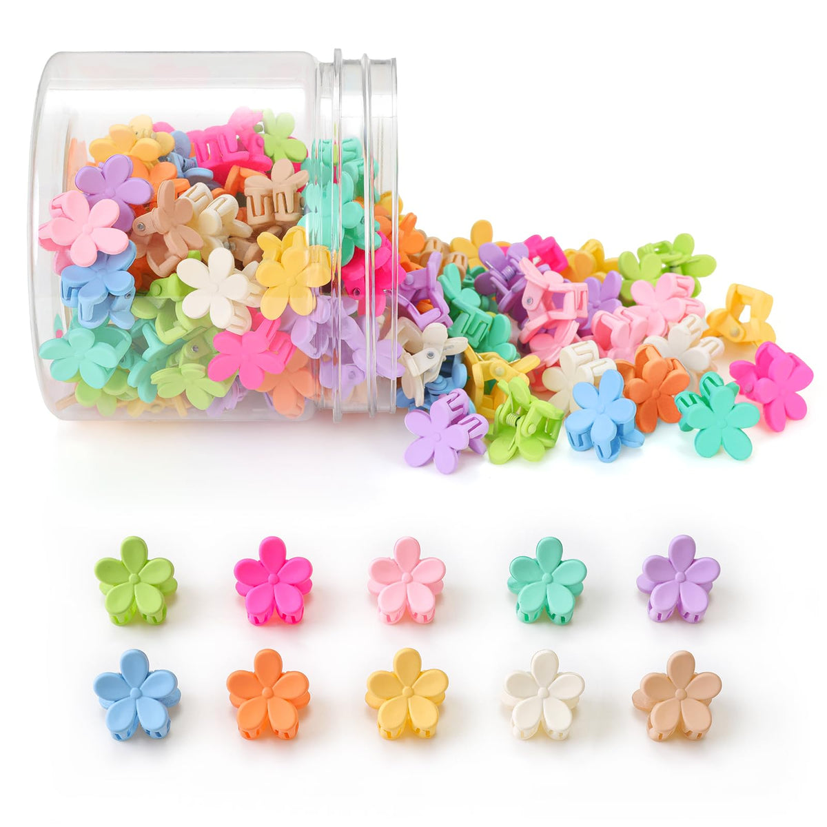 AOENJIE front packaging showing 100 colorful mini flower clips benefits variety
