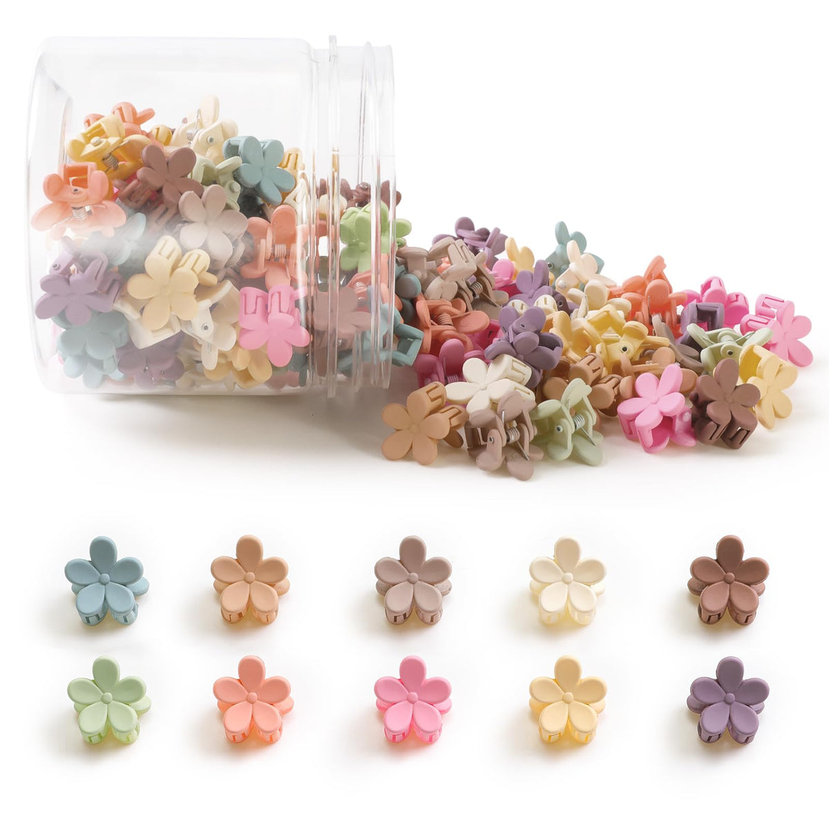 AOENJIE front packaging of 100 mini flower clips showing colorful variety and value