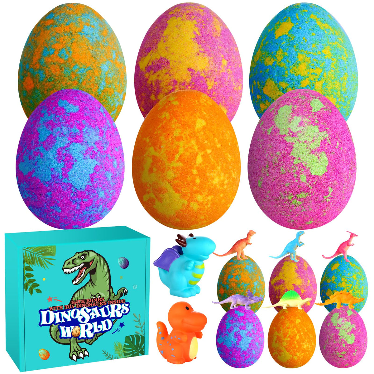 Aofmee front packaging showing colorful dinosaur egg bath bombs and gift appeal
