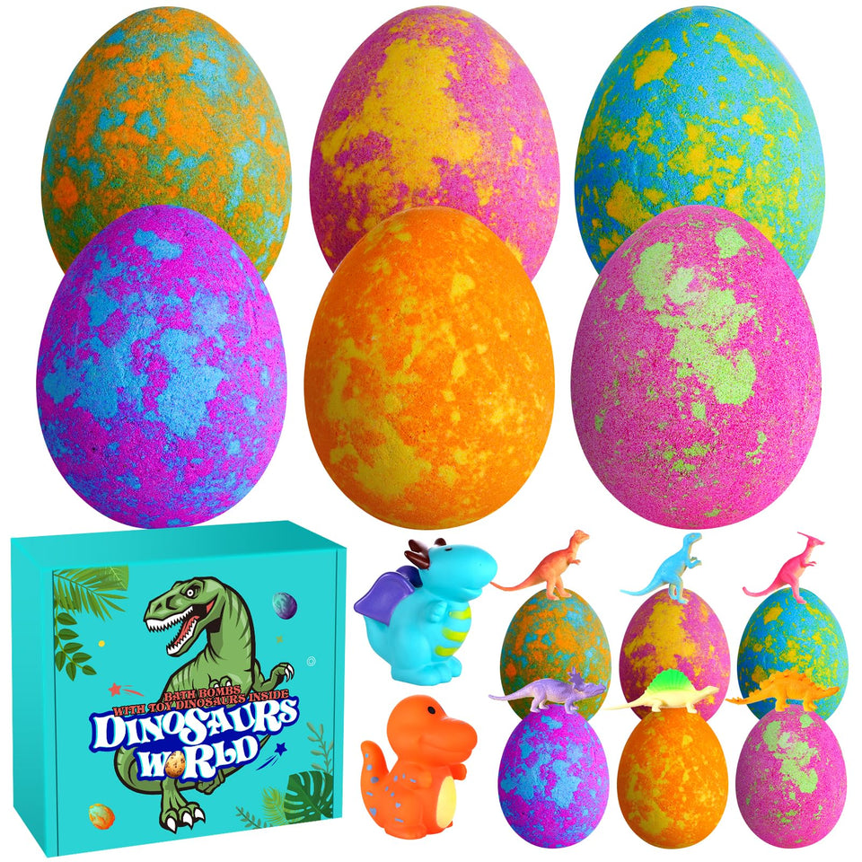 Aofmee front packaging showing colorful dinosaur egg bath bombs and gift appeal
