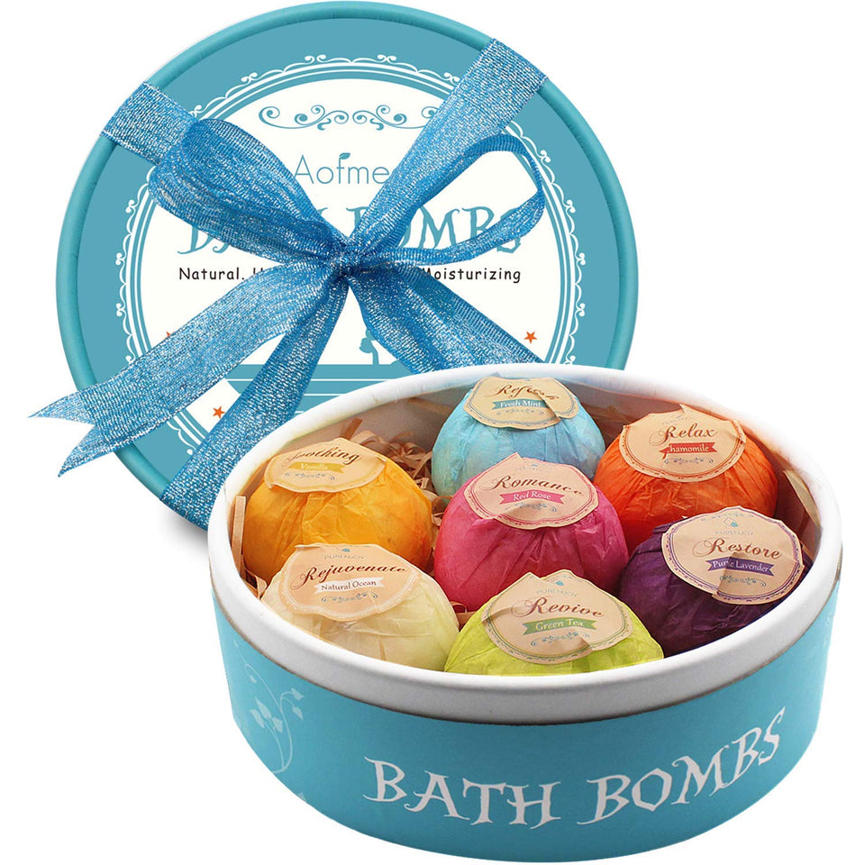 Aofmee front packaging showing seven bath bombs and label benefits