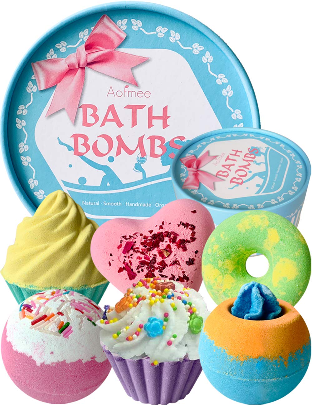 Aofmee front packaging showing the six colorful bath bombs and gift-ready presentation
