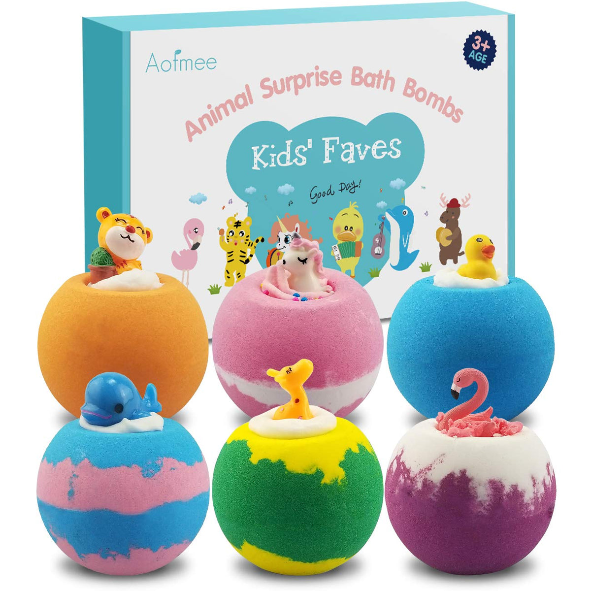 Aofmee front packaging showing colorful kids bath bombs and toys, playful appeal