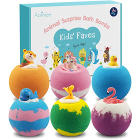 Aofmee front packaging showing colorful kids bath bombs and toys, playful appeal