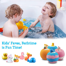 Aofmee bath bombs arranged in bath setting, shows family-friendly gifting idea