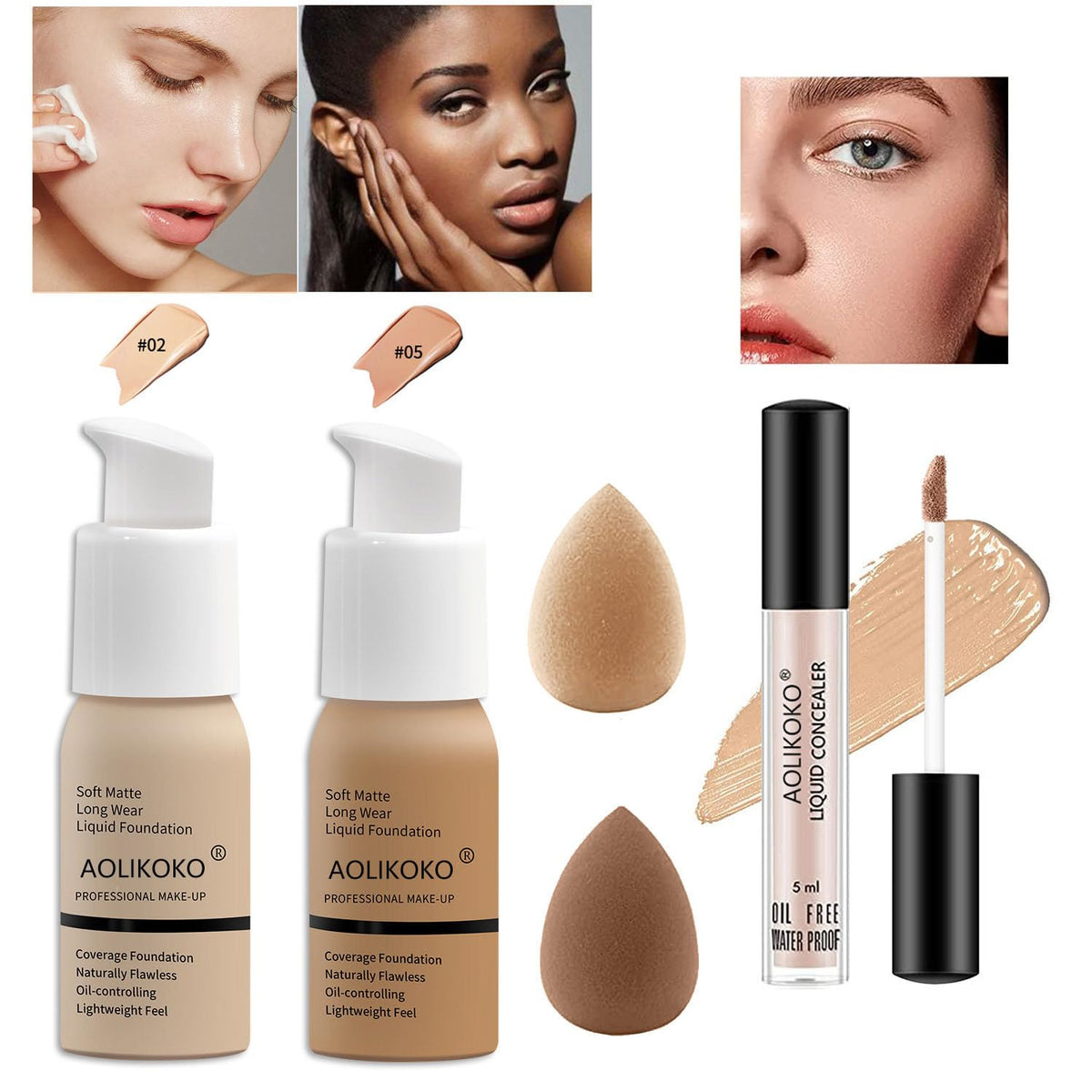 AOLIKOKO liquid foundation and concealer drops showing blendable finish