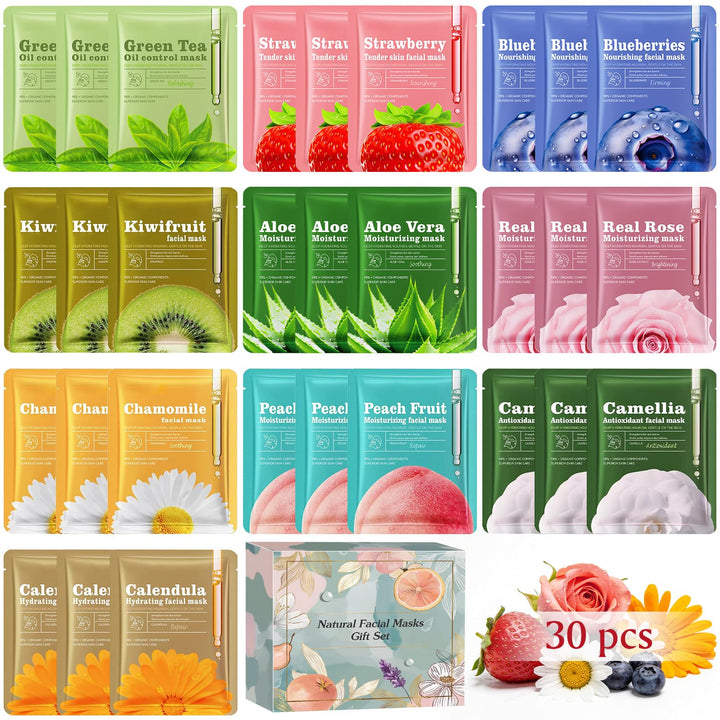 Aottom front packaging showing 30-piece mask set and variety benefits