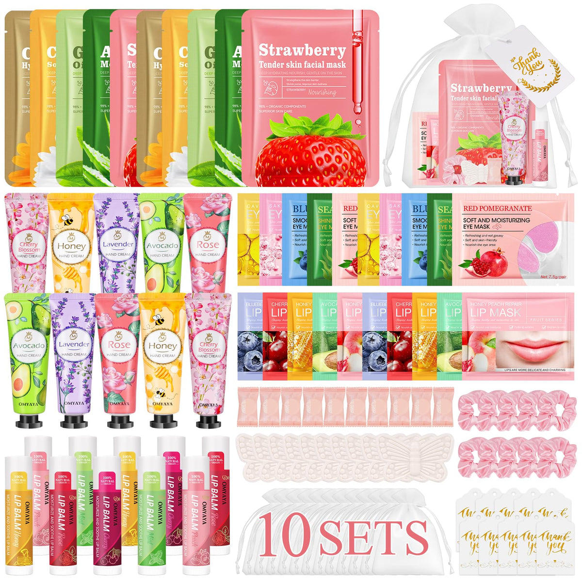 Aottom front packaging showing complete 100-piece spa favor assortment and presentation