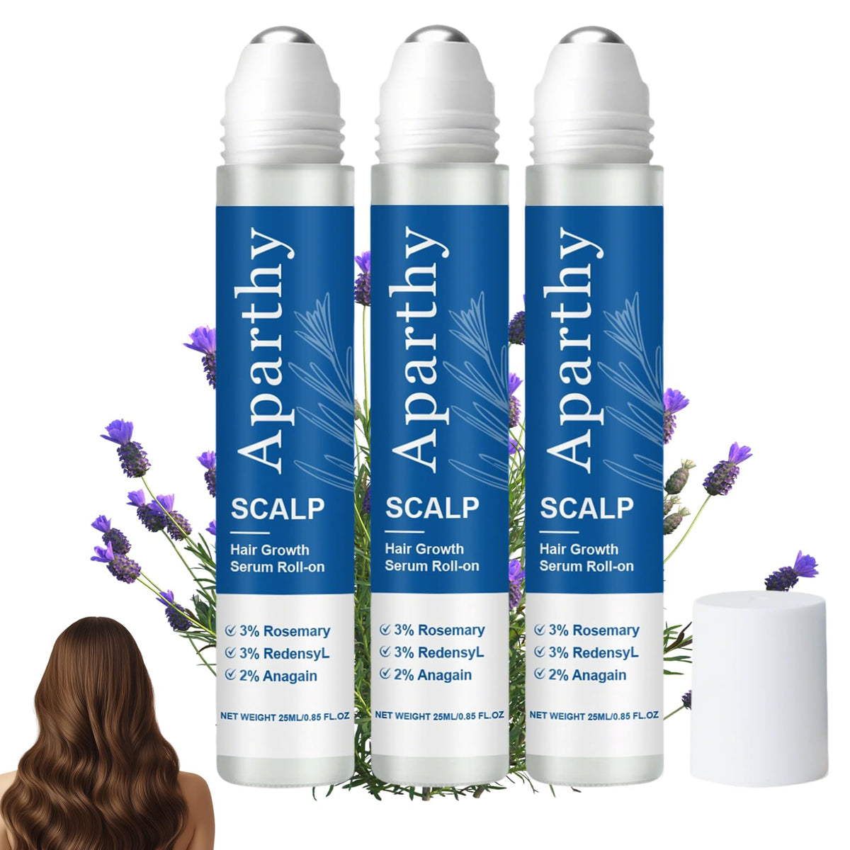 Aparthy roll on front packaging showing product benefits and set of three