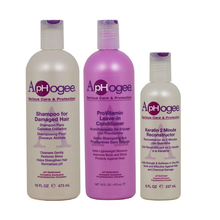 Aphogee three-piece repair set front view showing bottles and labels, promotes complete repair