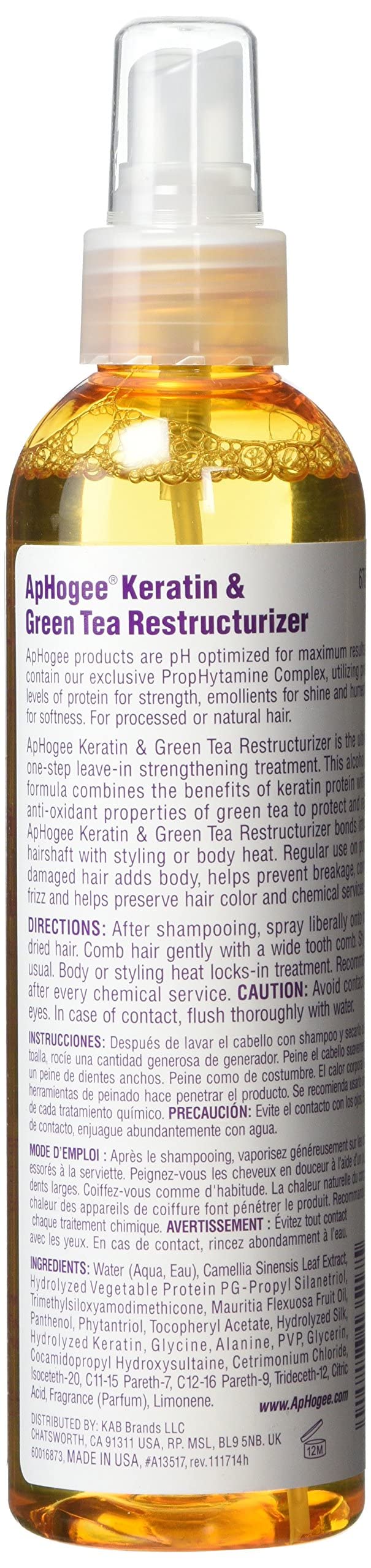 Aphogee keratin and green tea close-up highlighting active ingredients and strengthening benefit
