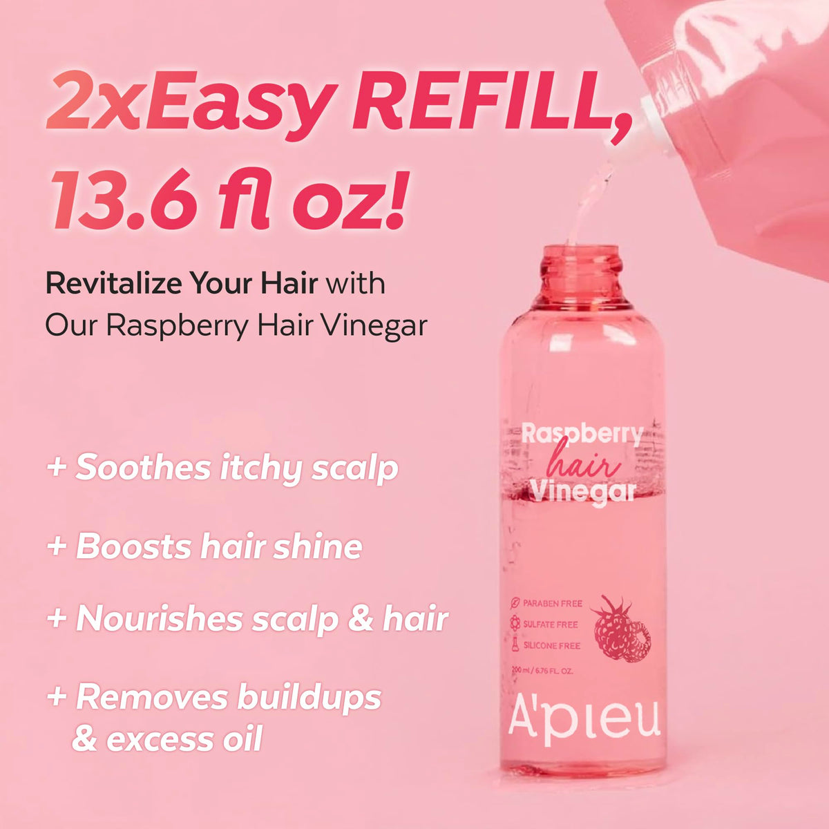 Applying A'PIEU raspberry rinse to wet hair for clarifying and smoothing