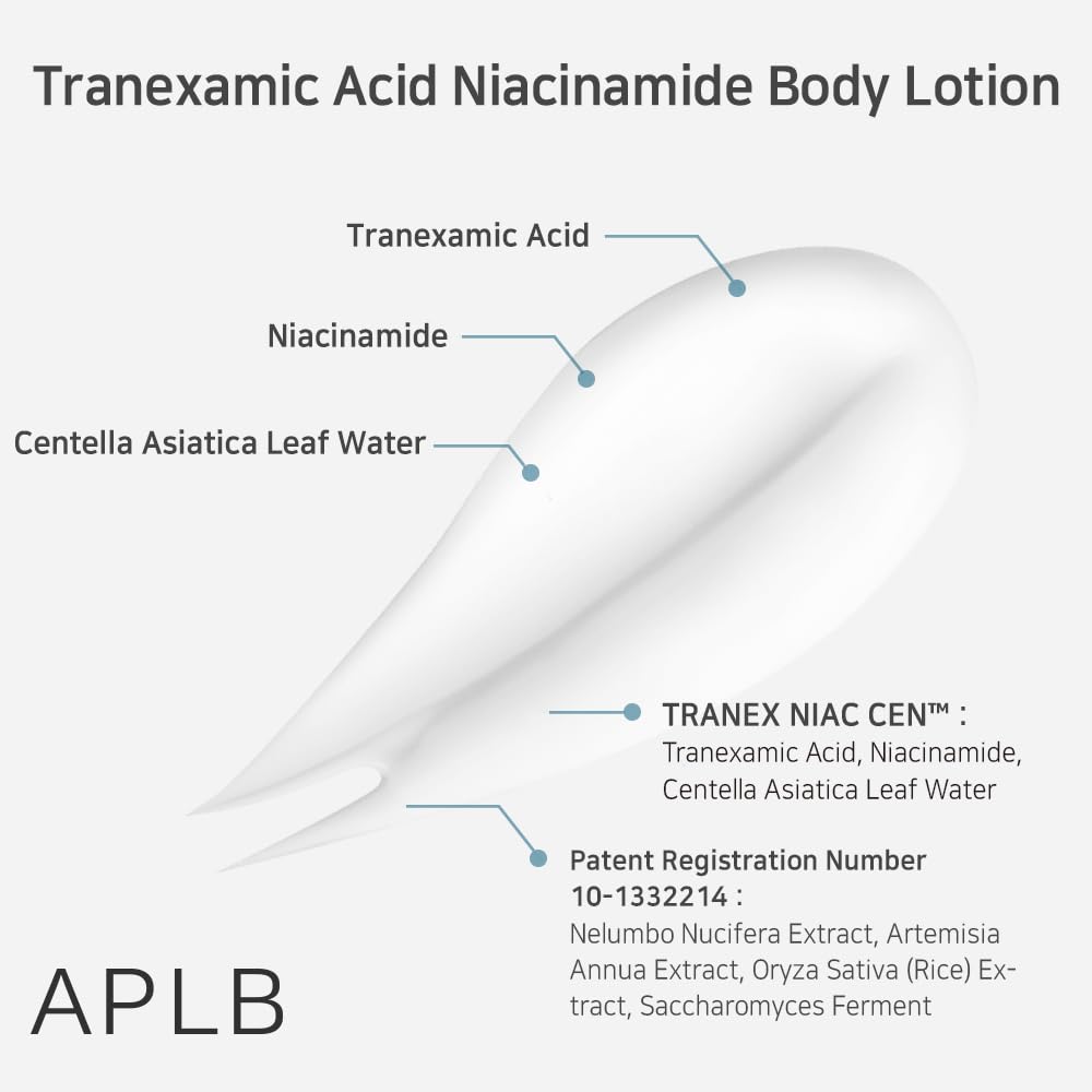 APLB label ingredient list visible, communicates active tranexamic acid and niacinamide