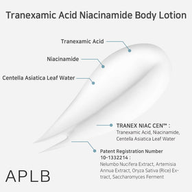 APLB label ingredient list visible, communicates active tranexamic acid and niacinamide