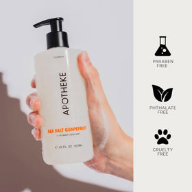 APOTHEKE bottle styled on bathroom counter conveying elegant décor