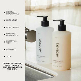 APOTHEKE rich foam lather in hand illustrating gentle moisturizing cleanse benefit