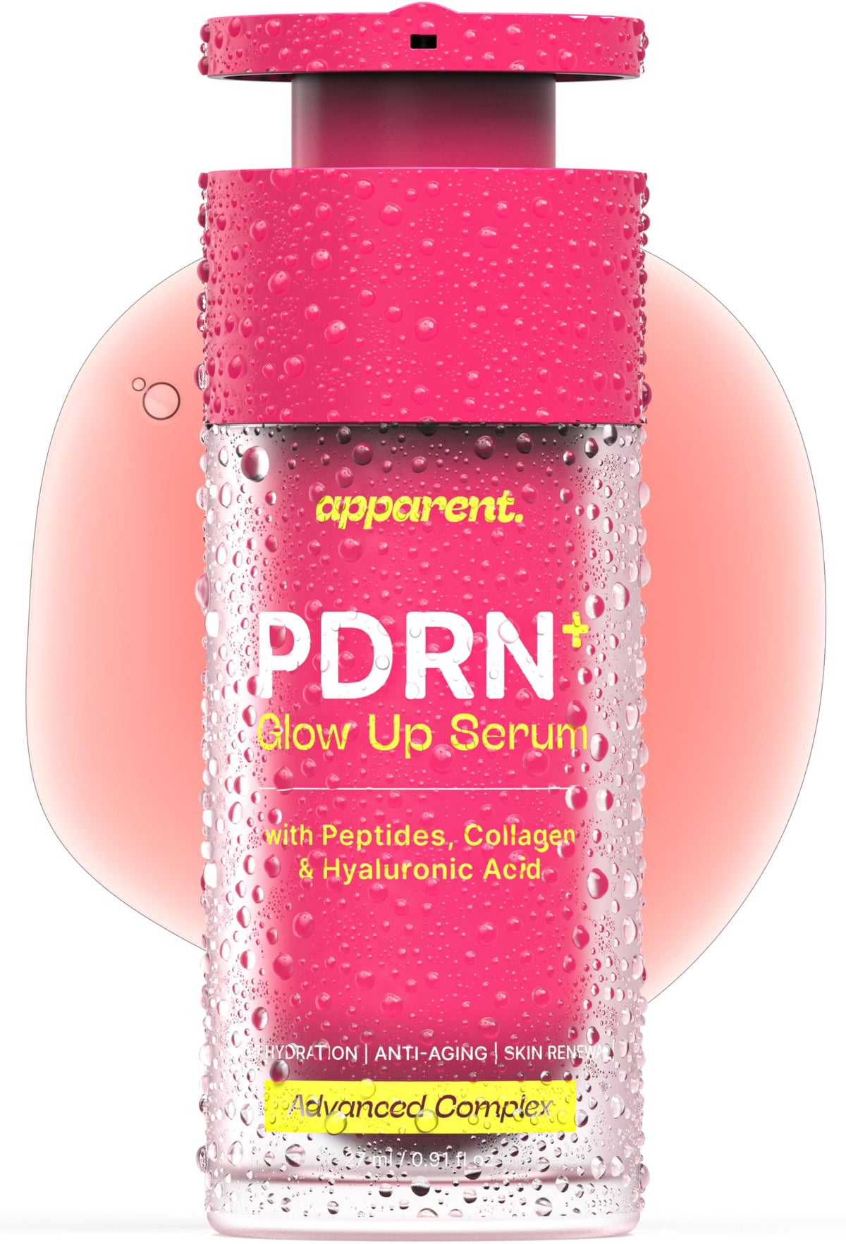Apparent front bottle showing pink serum for hydrating glow