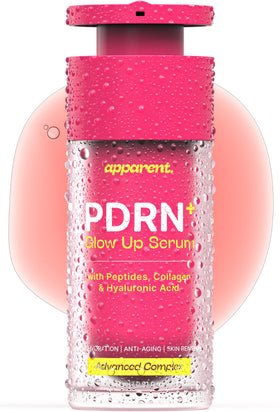Apparent front bottle showing pink serum for hydrating glow