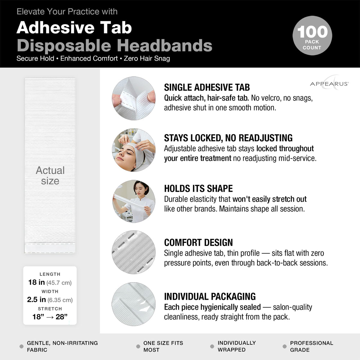 APPEARUS close-up of flat adhesive tab showing low-profile comfort