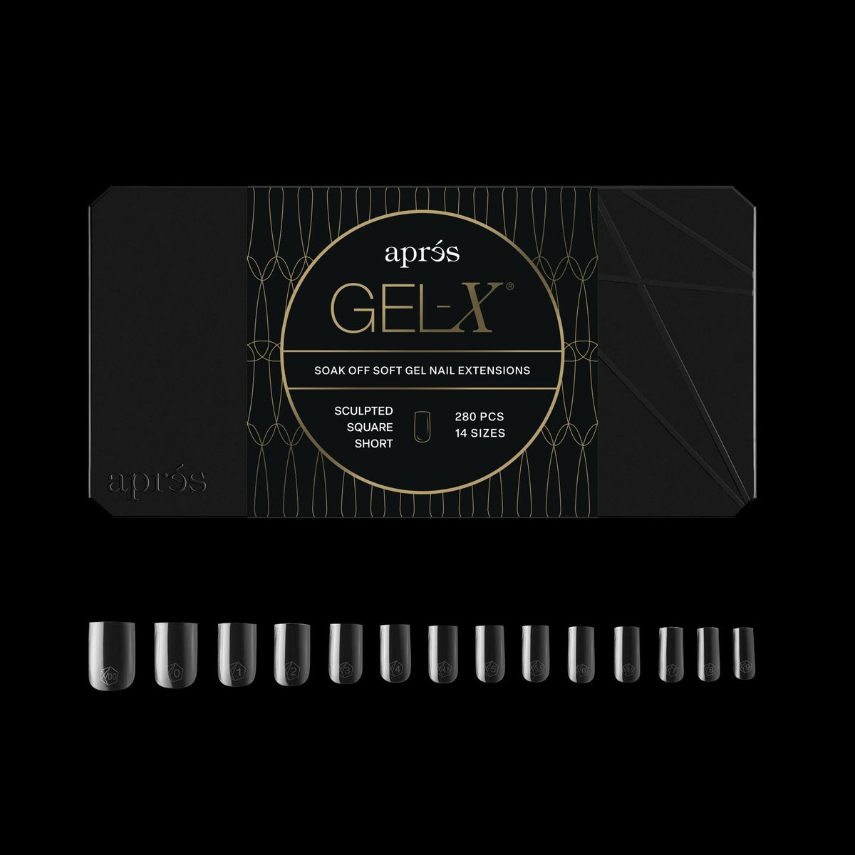 APRÉS box front showing 280 Gel-X tips and included half sizes for faster fitting