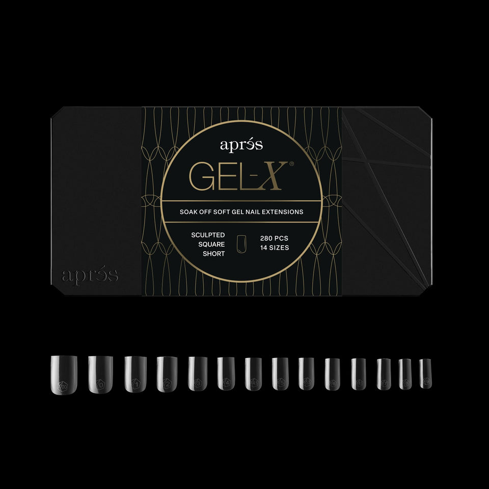 APRÉS box front showing 280 Gel-X tips and included half sizes for faster fitting