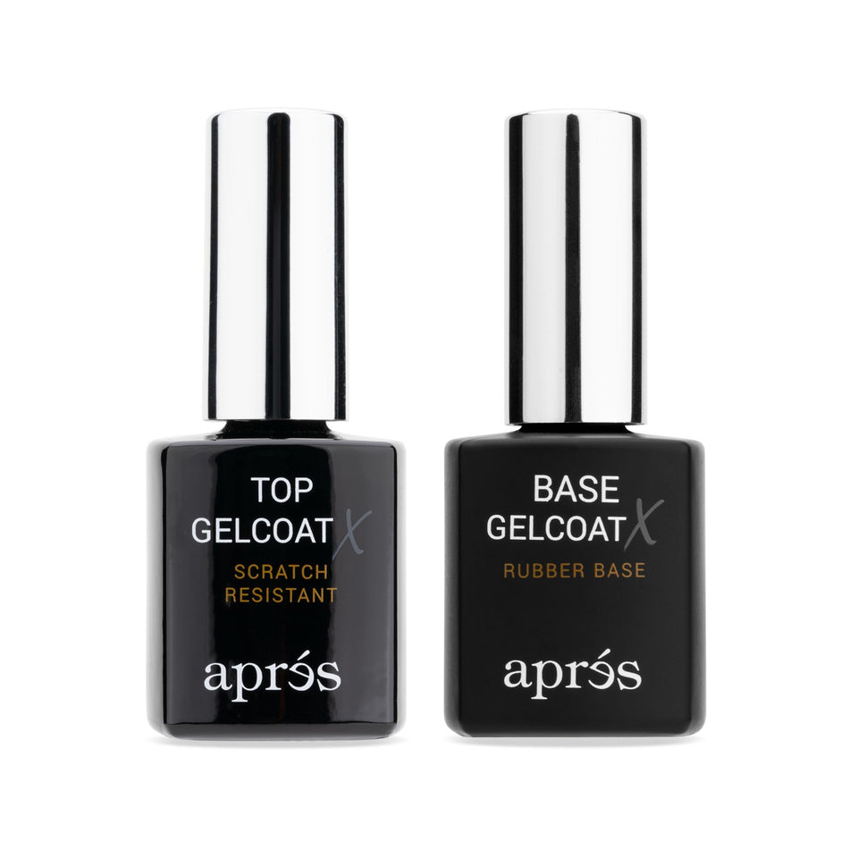 APRÉS front packaging of Base Coat X and Top Gelcoat X shows contents and benefits