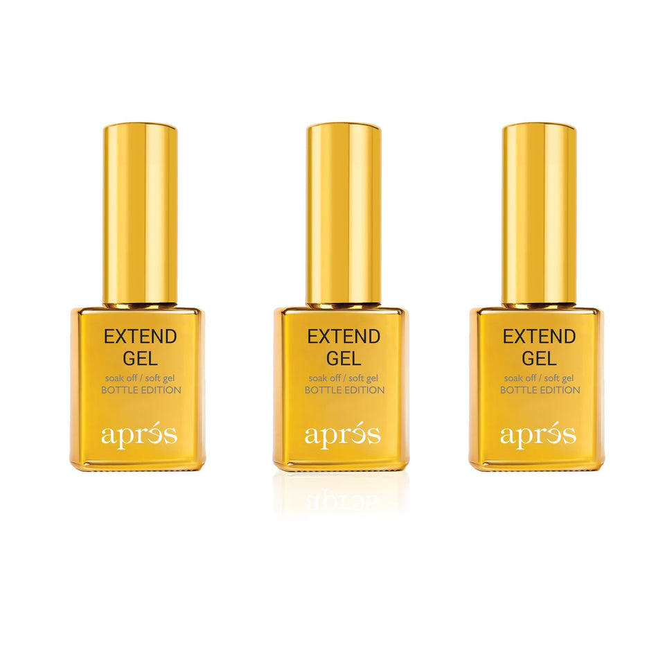 APRÉS gold bottle front view showing label and 15mL capacity, professional appeal