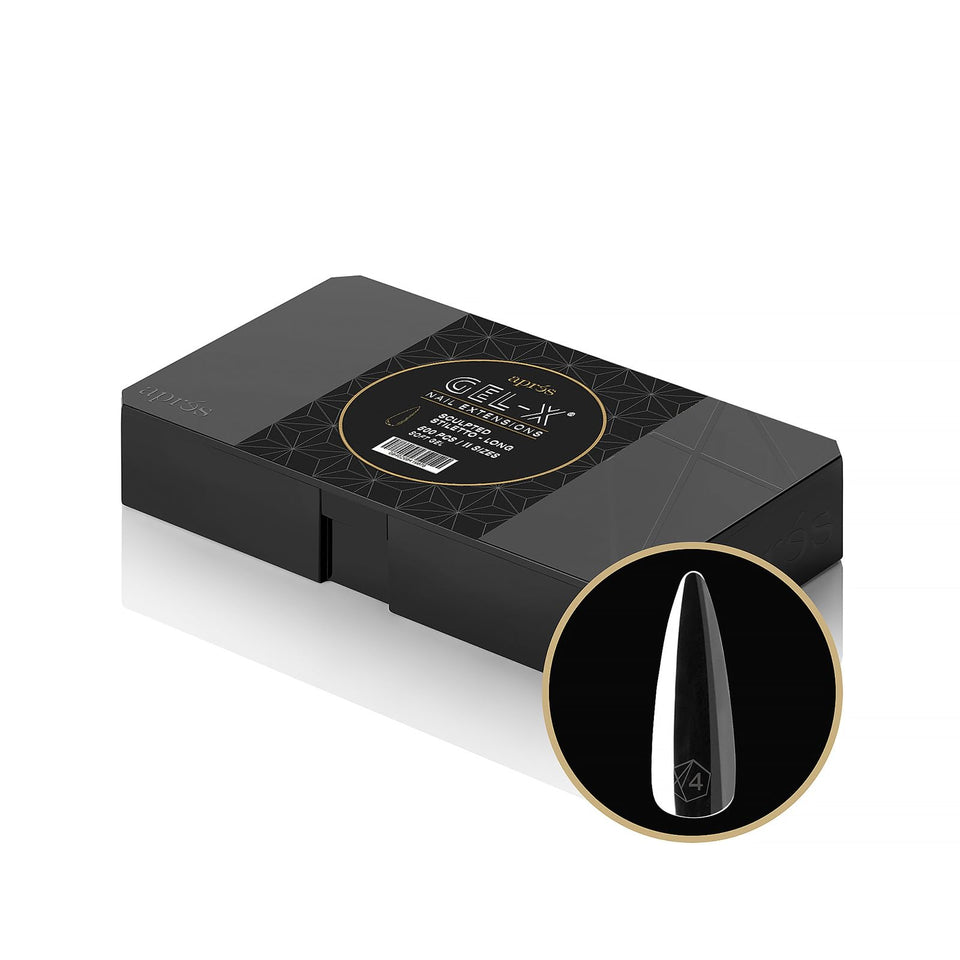 APRÉS front packaging of Gel-X stiletto box showing organized sizes and large count