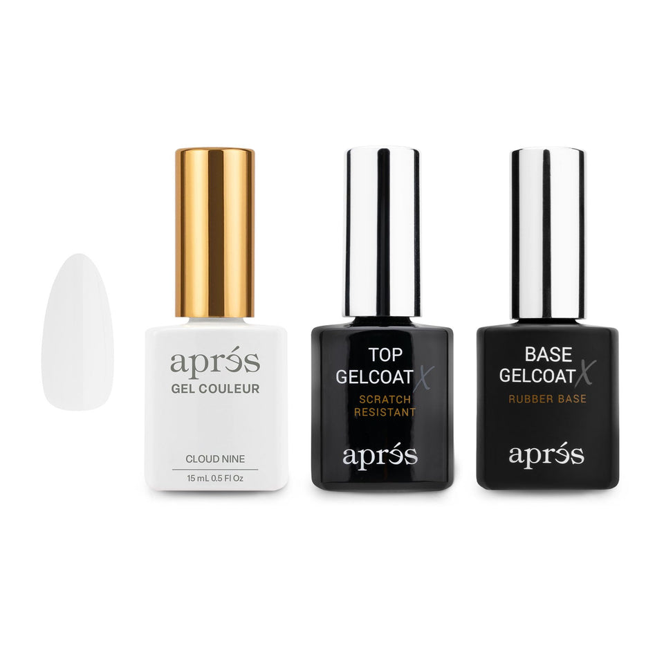 APRÉS trio front packaging showing bottles and Cloud Nine color benefit quick setup