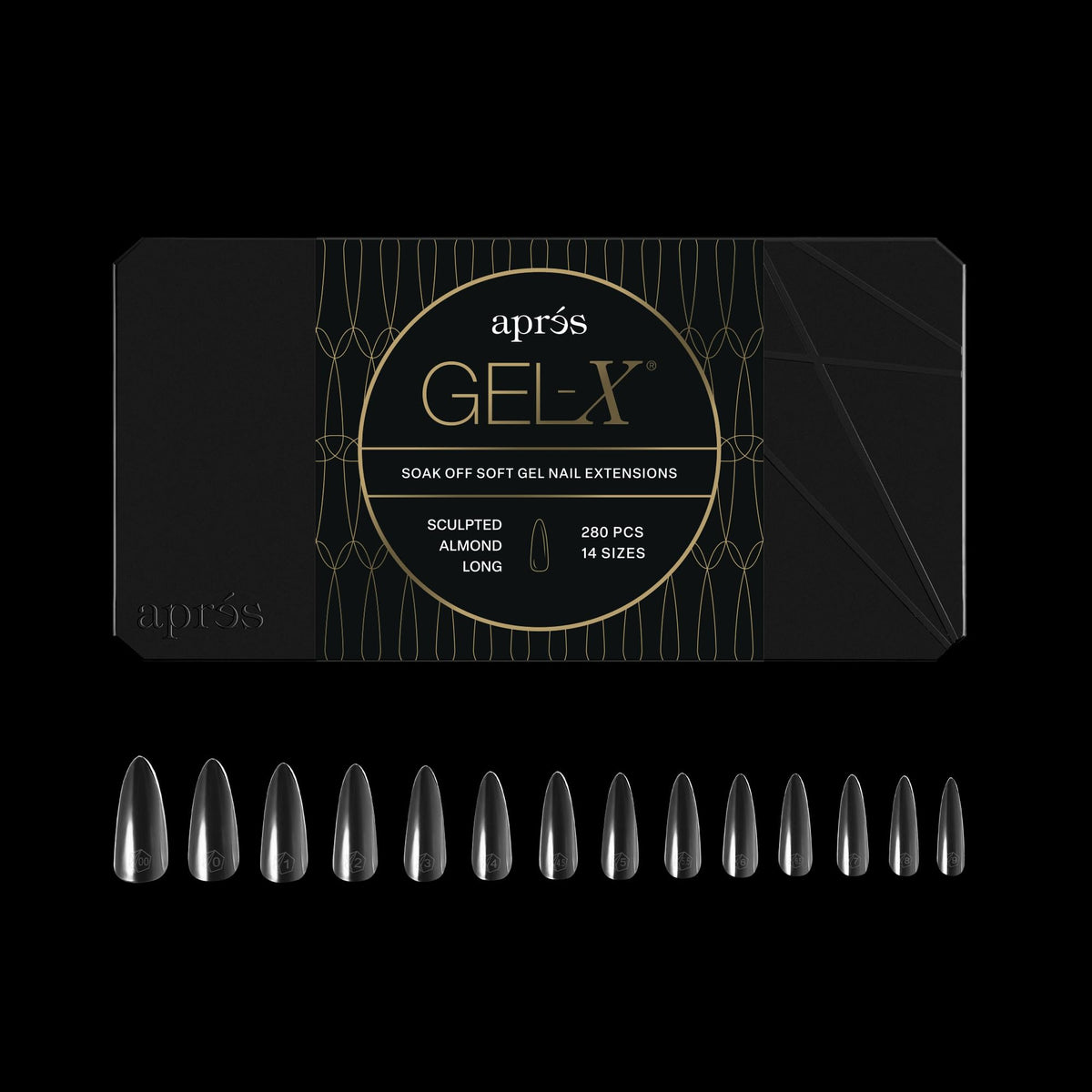APRÉS box front showing 280 Gel-X almond tips and product benefit