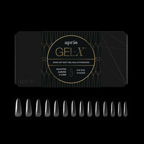 APRÉS Gel-X almond front box showing 280 tips and size chart for quick selection
