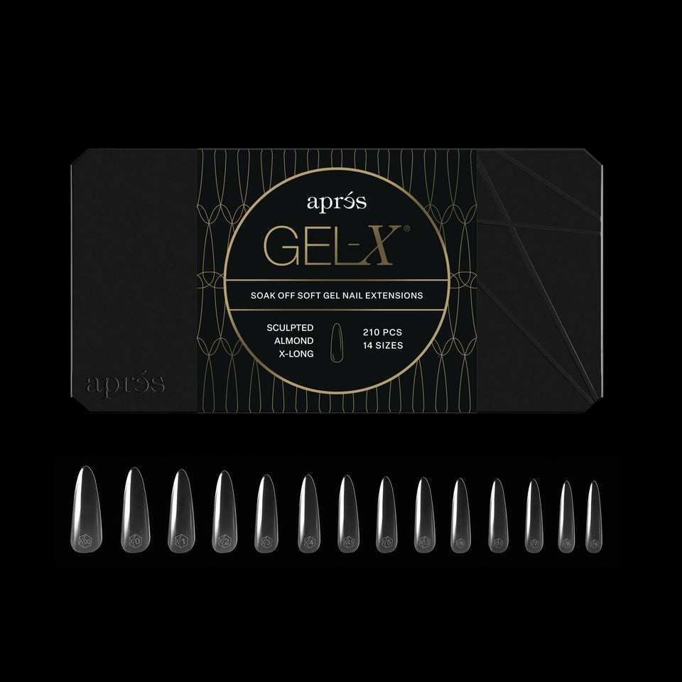 APRÉS Gel-X almond front box showing 280 tips and size chart for quick selection