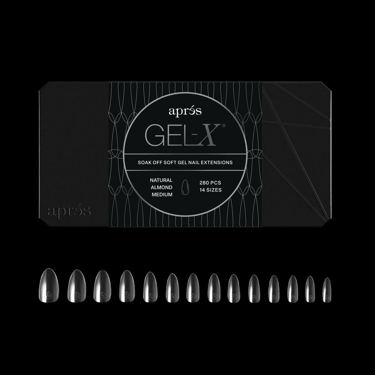 APRÉS front packaging of Gel-X Almond tips showing 280 count benefits